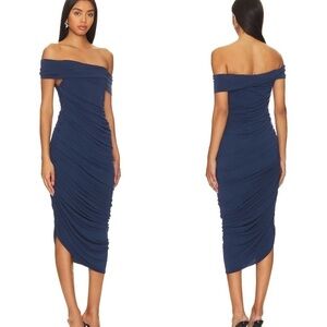 NWOT Katie May Alana Asymmetric Off the Shoulder ruched midi Dress sz XS